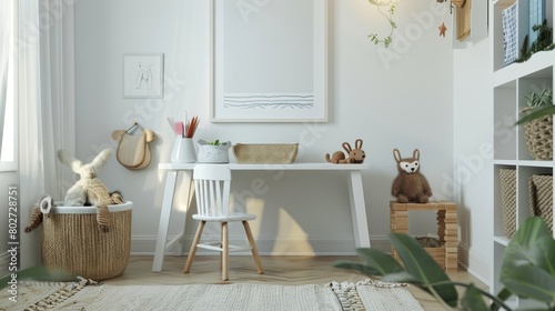 Playful and cozy kid's room interior for a boy, featuring a mock-up poster, white desk, animal wicker basket, and personal accessories © Paul