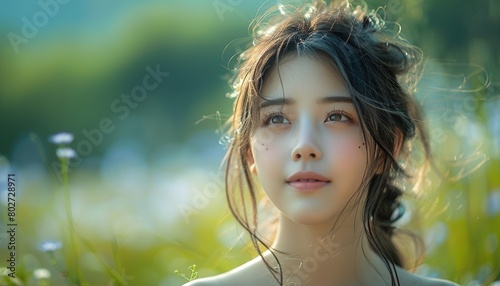 Beautiful asian woman stand relaxing at countryside. 