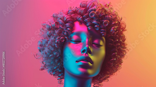 Mannequin with female wig on color background