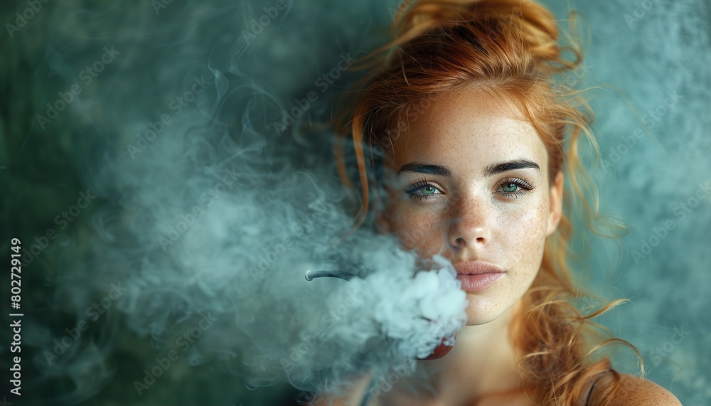 Beautiful female pirate smoking pipe on green background 