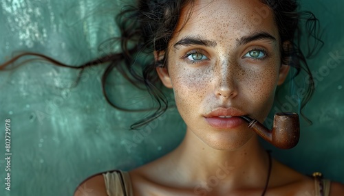 Beautiful female pirate smoking pipe photo