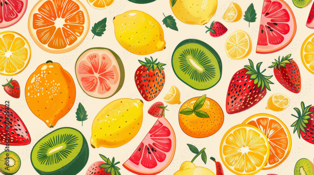 Seamless pattern background with colorful fresh summer fruits such oranges, lemons, strawberries, and watermelons. Seamless pattern background with colorful fresh summer fruits such oranges, lemons, strawberries, and watermelons.