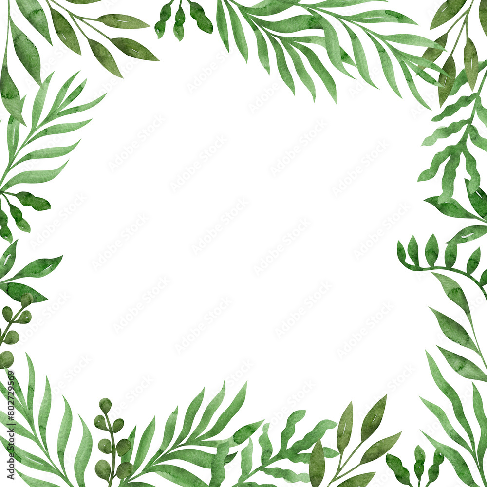 Garden and forest greenery frame hand drawn in watercolor. Watercolor illustration of a green leafy background. Template for wedding invitation, greeting card.