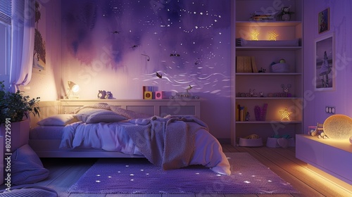 Soft purple kids' room with interactive wall decals, creative lighting, and a cozy reading nook, designed to spark imagination and learning
