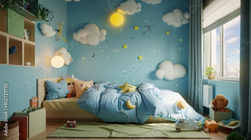 Soothing children's room in sky blue, designed with themed bedding, interactive wall decals, and a safety-first approach, featuring a reading nook