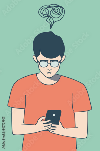 Teen boy in orange shirt read from smartphone screen flat style illustration. (ID: 802729907)
