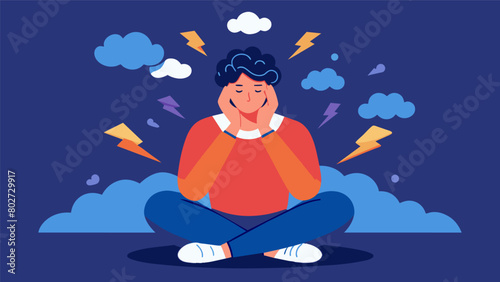 A person surrounded by negative thoughts and stress with their body appearing tense and strained emphasizing the impact of a disrupted mindbody.