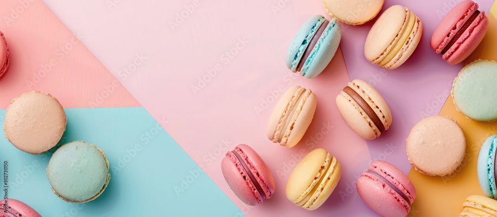 Obraz premium Colorful macarons arranged on a pastel geometric background with space for text. Promoting the French dessert concept and celebrating a day free from diet restrictions. Displayed vertically.