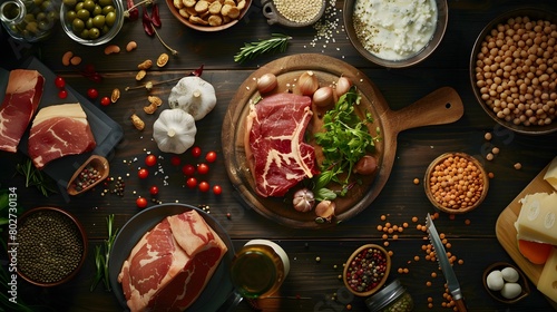 Gourmet Culinary Preparation Featuring a Variety of Meats, Legumes, and Spices Arranged on a Wooden Table
