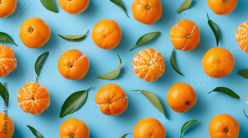 Many sweet mandarins on blue background photo