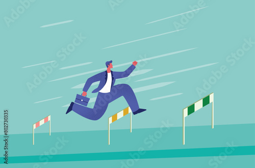 Businessman jump over hurdle. Ambitious businessman in suit jump over hurdle, flat illustration. (ID: 802730335)