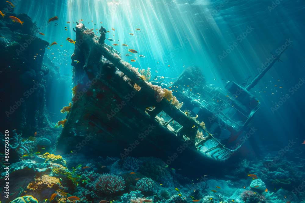 custom made wallpaper toronto digitalA shipwreck resting silently on the ocean floor, its corroded hull a testament to the passage of time. Surrounding it, the deep blue waters teem with life, with colorful coral reefs