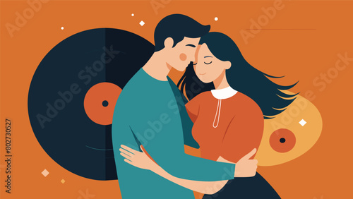 Couples sway in each others arms the lyrics of the vinyl records speaking the unspoken words between them. Vector illustration