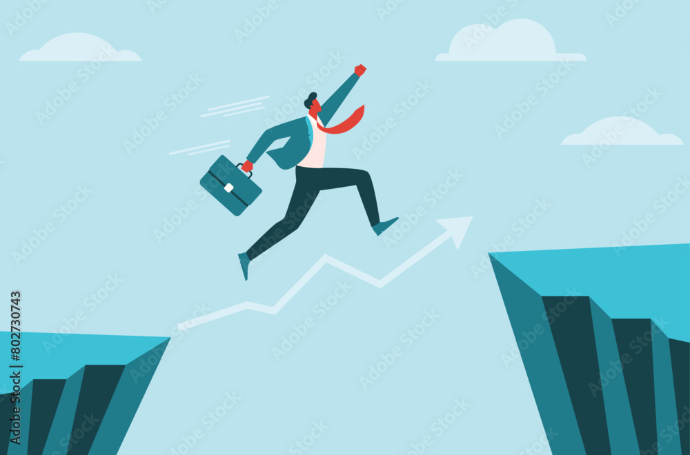 Obraz premium Ambitious businessman in blue suit jump over the cliff, flat illustration
