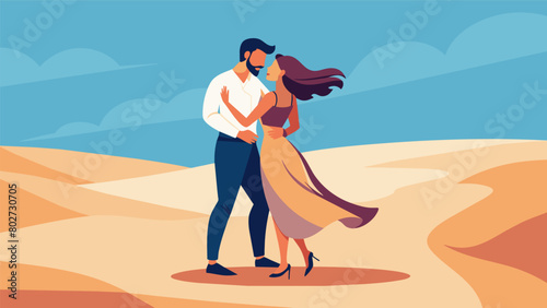 A couple shares a tender moment swaying to a romantic melody as their shadows stretch out across the sandy shore.. Vector illustration