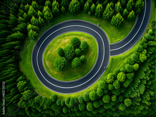 Passing through the winding forest road, aerial perspective, travel background image