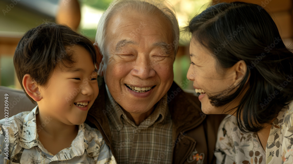 A happy senior with his laughing grandchildren, sharing a moment of joy and connection in a warm, natural light setting A happy senior with his laughing grandchildren, sharing a moment of joy and connection in a warm, natural light setting