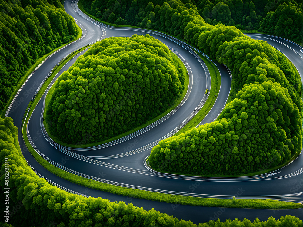 Passing through the winding forest road, aerial perspective, travel background image