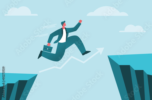 Ambitious businessman in blue suit jump over the cliff, flat illustration (ID: 802731139)
