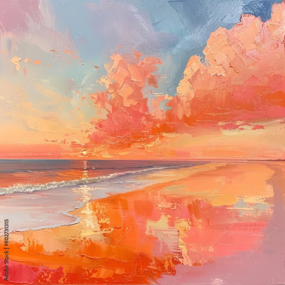 Tropical beach at sunset, with the sky painted in hues of orange and pink, reflecting on calm waters, offering a peaceful retreat from daily life