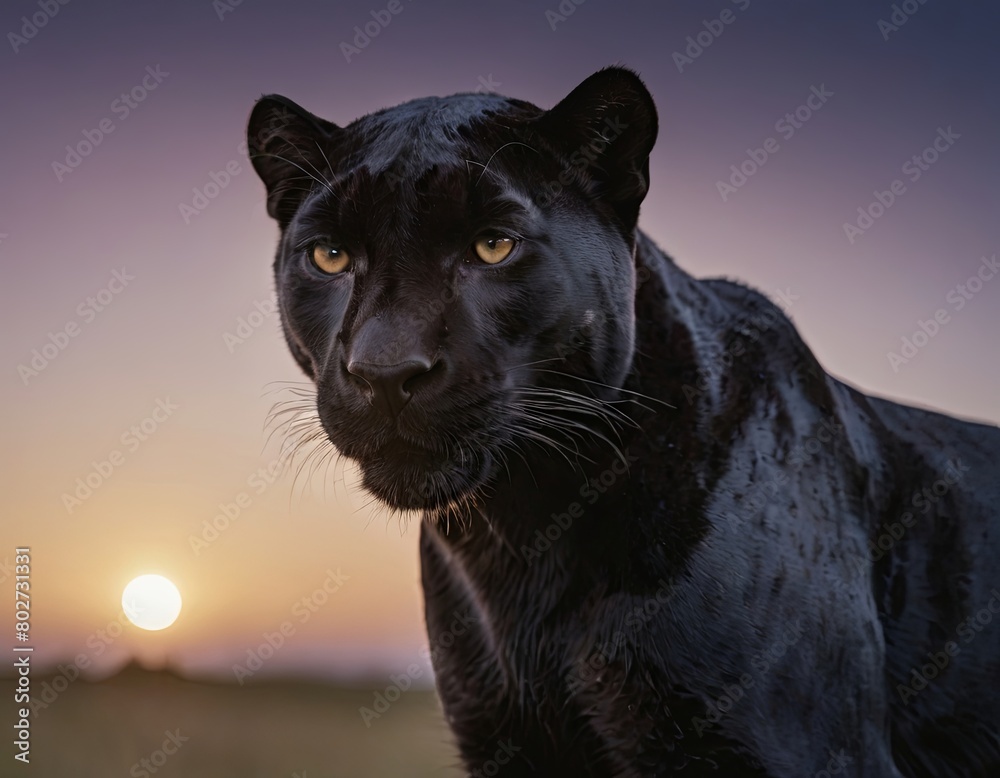 a black panther staring to the right at sunset, with grass behind him