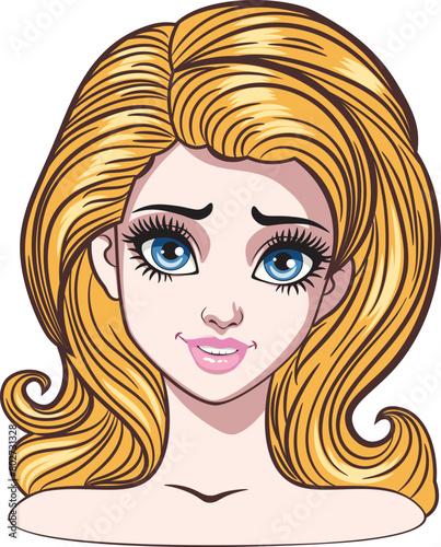 Cartoon blond girl with big blue eyes. Young cartoon woman with big blue eyes and blond hair. Expressive blond girl, female avatar. (ID: 802731328)