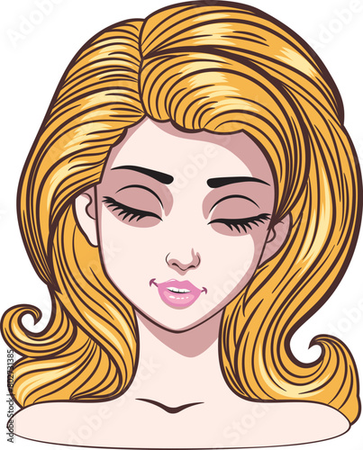Young cartoon woman with big closed eyes, long eyelashes and blond hair. Expressive blond girl, female avatar (ID: 802731385)