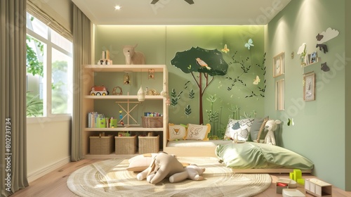 Nature-inspired kids' room in soft green, equipped with interactive wall decals, a reading nook, and an art supplies station, fostering a creative environment