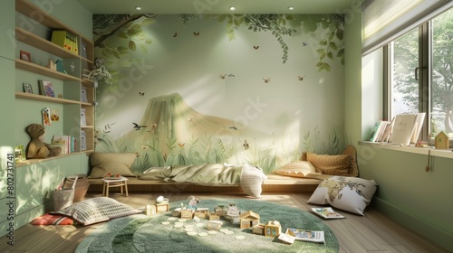 Nature-inspired kids' room in soft green, equipped with interactive wall decals, a reading nook, and an art supplies station, fostering a creative environment