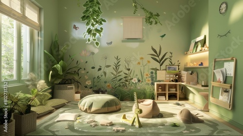 Nature-inspired kids' room in soft green, equipped with interactive wall decals, a reading nook, and an art supplies station, fostering a creative environment