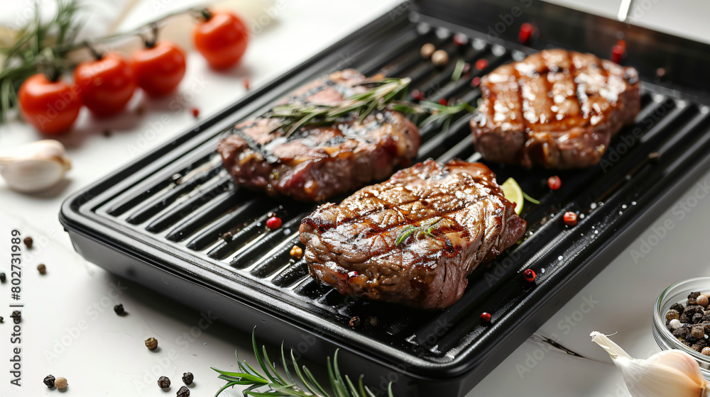 Modern electric grill with delicious steaks on white t