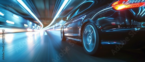 High-Speed Luxury Car in Motion on City Road at Night with Light Trails © Qstock