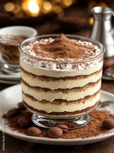 A classic Italian tiramisu dessert served in a glass, showcasing layers of mascarpone cheese, ladyfingers, and dusted with cocoa powder on a wooden table with a golden background photo