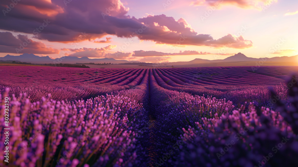 Breathtaking view of vibrant lavender fields under a colorful sunset sky
