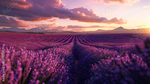 Breathtaking view of vibrant lavender fields under a colorful sunset sky