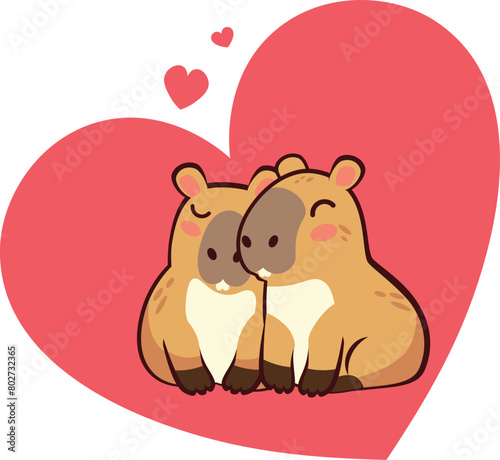 Couple of capybaras in love. Cute cartoon couple of capybaras with hearts, Valentine's day themed illustration.