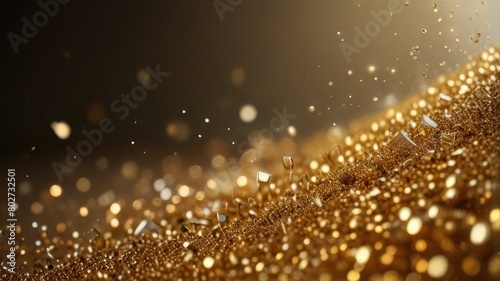 Abstract glittering gold background with shiny glossy sparkles. Gold particles and sequins and light bokeh