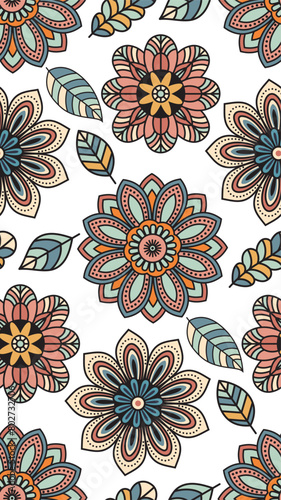 Folk flowers and leaves seamless pattern. Abstract decorative folk style flowers and leaves, seamless patterns for fabric, textiles, clothing, wrapping paper, cover, banner, interior decor