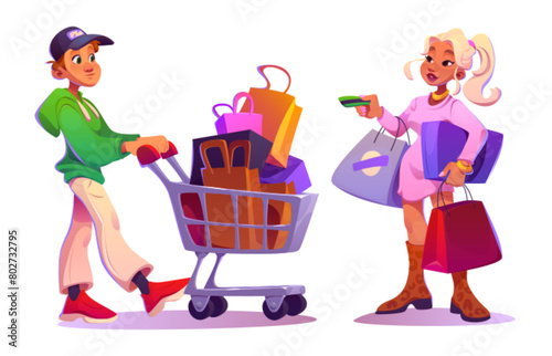 Man with shopping cart. Woman after mall with bag. Shopper people character buy gift in market cartoon set. Girl customer purchase package with family credit card. Isolated boy carrying trolley
