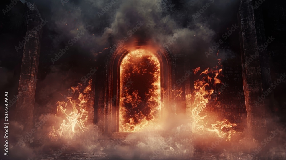 Eerie door to hell, cloaked in darkness with smoke billowing and flames licking its edges, creating a scene of dread and horror Eerie door to hell, cloaked in darkness with smoke billowing and flames licking its edges, creating a scene of dread and horror