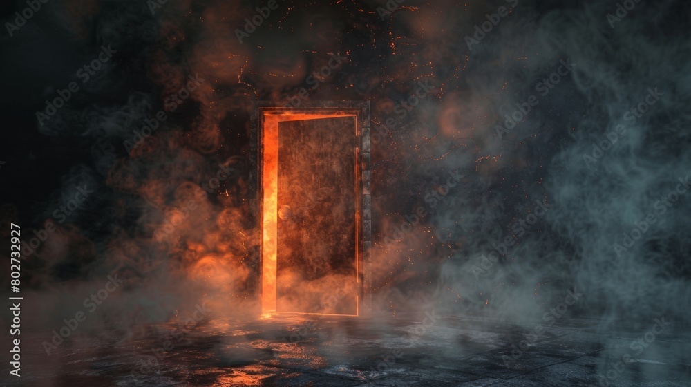 Eerie door to hell, with creeping smoke and flickering firelight ...