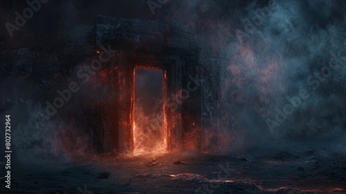 Eerie door to hell, with creeping smoke and flickering firelight, depicting tortured souls and dense darkness, wrapped in ghostly mist