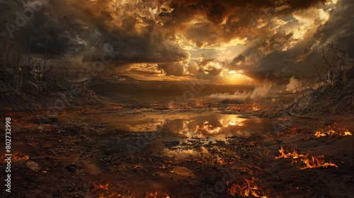 Eerie entrance to hell depicted in a landscape with a reflective lake, showcasing the devil among burning fields, all under a dark, oppressive sky photo