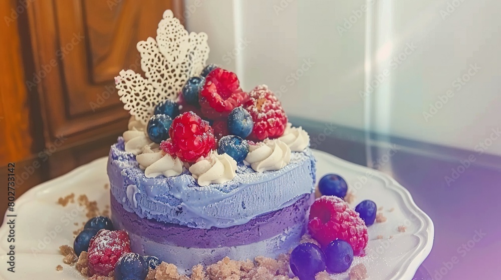 A cake topped with blue frosting and a mix of raspberries and blueberries A cake topped with blue frosting and a mix of raspberries and blueberries