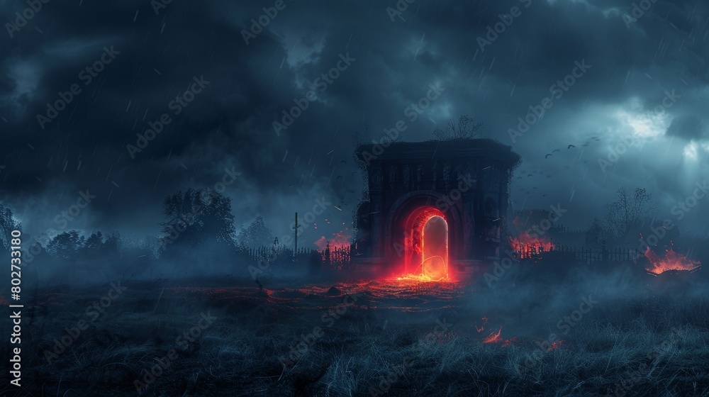 Eerie night scene showing gates to hell and heaven, featuring dark shrouded mist, cobwebs, and flames around a red glowing doorway, in an open field
