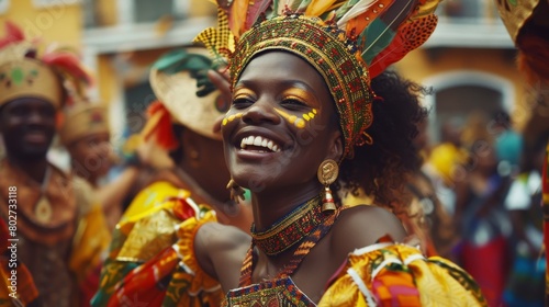 Joyful woman with painted face and ornate headpiece celebrates with a bright smile at a vibrant street carnival.