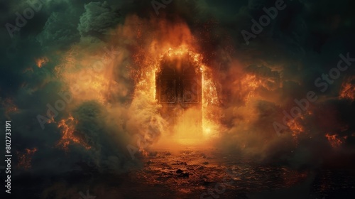 Eerie portrayal of the Door to Hell, with thick smoke billowing, tortured souls visible in the shadows, and a dark, misty background, illuminated by flames