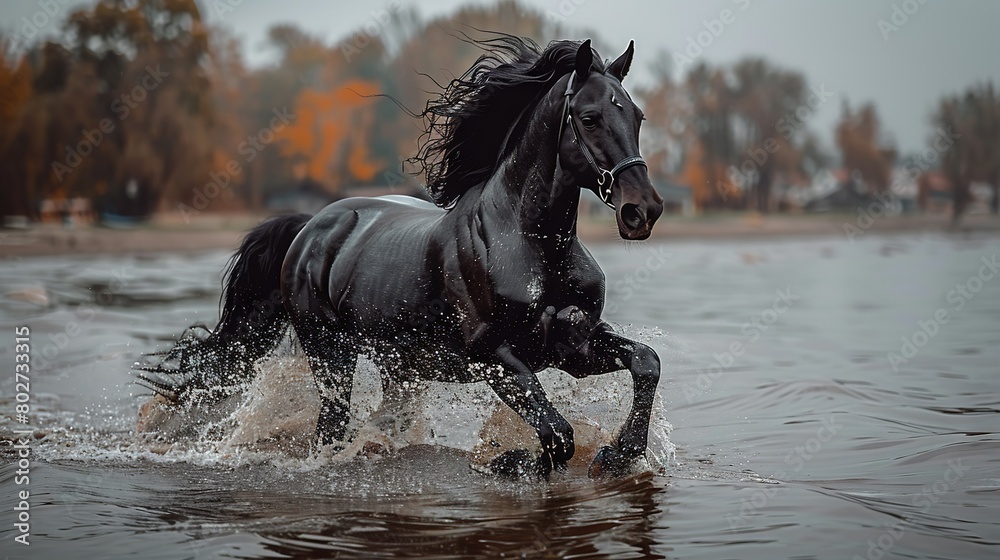 A black horse gallops through a water body, surrounded by tree-filled backgrounds A black horse gallops through a water body, surrounded by tree-filled backgrounds