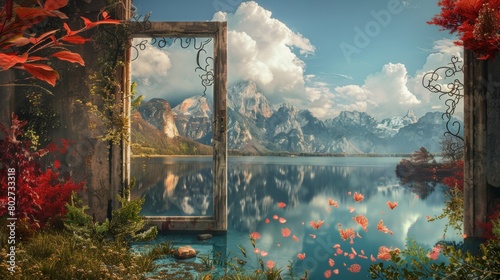 Enchanting landscape framed by a rustic door  with a lake reflecting sky-high clouds and splashes of coral adding vibrancy and charm