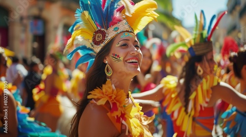 Exuberant female dancer with an infectious smile radiates joy at a colorful street carnival, adorned in a festive costume.